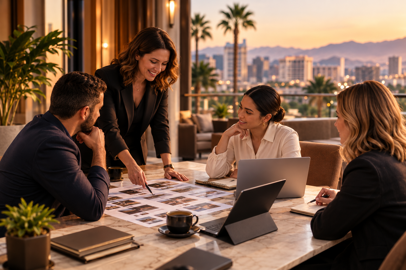 A hospitality leadership team reviewing plans together at a sunset terrace working session