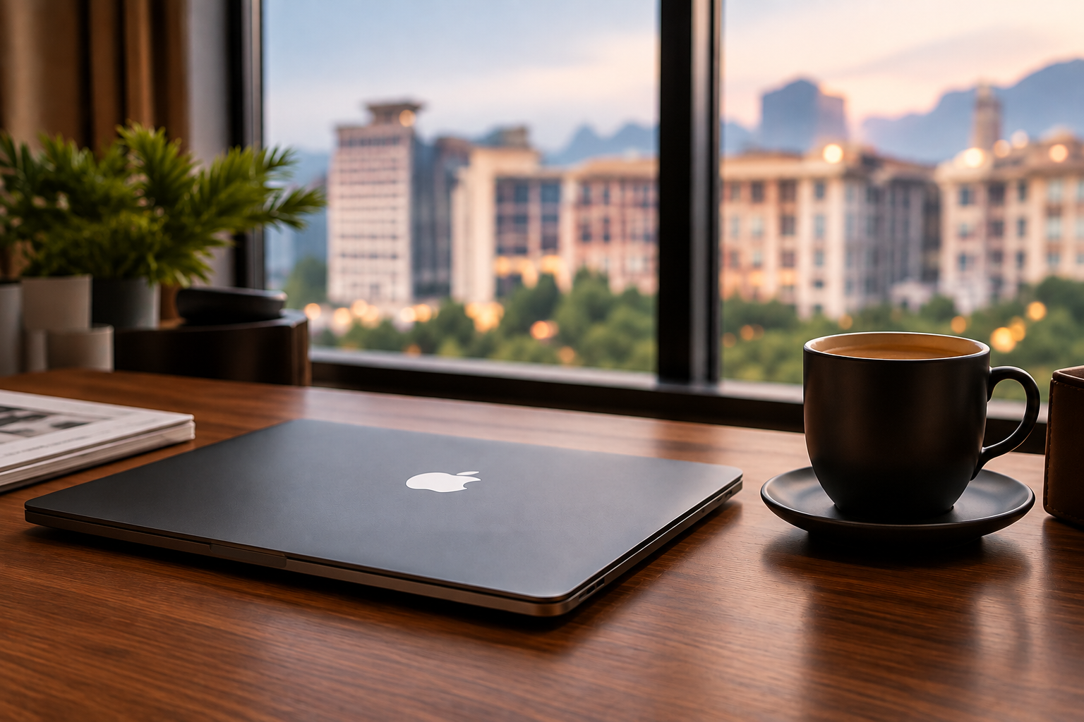 A laptop and coffee cup on a desk beside a city-view window
